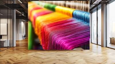 An abstract texture reminiscent of sewing equipment or loom machinery in a garment factory, composed of multicolored straight strands. Wall mural