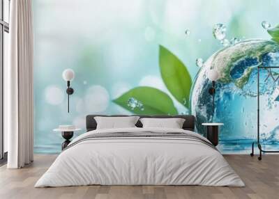 An emerging planet earth with a green plant sprout - A symbol of environmental conservation and sustainability Wall mural