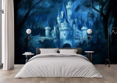 Enchanted forest, fairytale ancient castle, watercolor painting, generative stock Wall mural