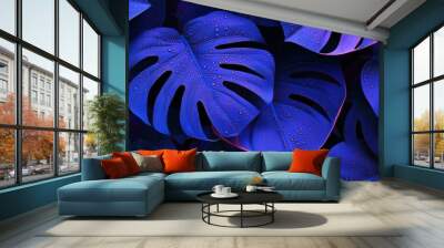 Illustration of neon Monstera deliciosa leaves in tropical forest for creative design elements Wall mural