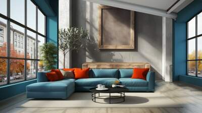 Mock up of modern interior background with poster frame on wall. Warm and cozy style rendered in 3D. Wall mural