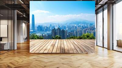 Modern cityscape with cloudy skies and an empty wood floor Wall mural