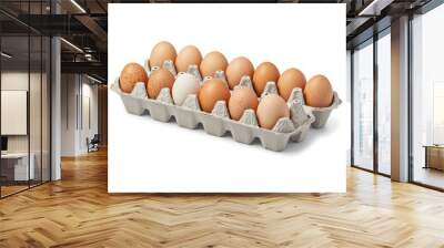 On a white background, ten brown eggs are isolated and arranged in a carton pack, thereby emphasizing fresh organic chicken eggs packed in a carton. Wall mural