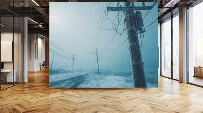 Powerlines broken under heavy snowfall in the middle of a blizzard with dark skies and heavy snowfall Wall mural