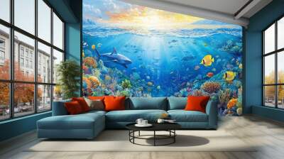 Stunning underwater coral reef panorama with colorful fish and marine life in the deep blue ocean Wall mural