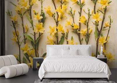 The goldenrod flowers and tincture in a bottle are shown on a beige background, top view Wall mural