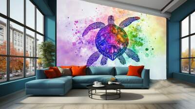 This watercolor painting shows a sea turtle. Stock image Wall mural