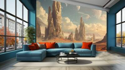 Wallpaper with a retro futuristic sci-fi theme. A desert planet with strange rock formations against a background of a beautiful sky. Wall mural