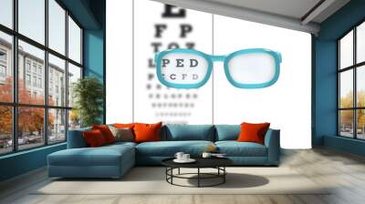 unsharp snellen chart and sharp letter with glasses on white bac Wall mural