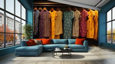 Colorful Indian Kurtis Hanging on Wooden Rack Wall mural