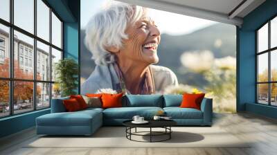 Happiness, senior woman with open arms enjoying life outdoors or success, happy and retired lady celebration of financial freedom smiling senior woman Wall mural