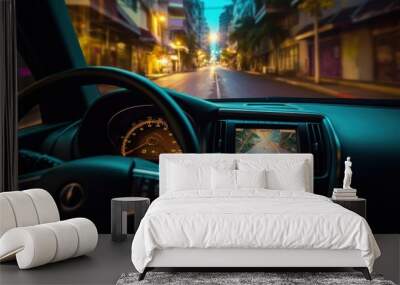 Interior of modern minivan with blurry steering wheel, large display show AC temperature, backup camera guide lines, wooden fence along residential street back alley. Wall mural