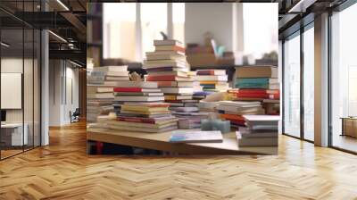 Pile of books on study desk in a study room. Education or academic concept picture of self access learning environment background related to research or reading materials Wall mural