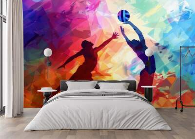 Young athletic man, professional basketball player in sportswear training against abstract background. Contemporary art collage. Wall mural