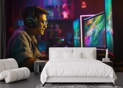 Young confident Asian man playing online computer video game, colorful lighting broadcast streaming live at home. Wall mural