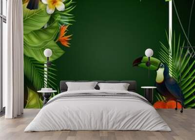 Summer sale banner with tropical flowers and leaves. Toucan and Exotic Leaves on Nature Green Background Wall mural