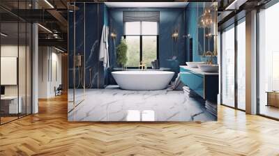 A luxurious bathroom with marble accents and sleek modern design. The room features a freestanding bathtub and a glass-enclosed shower. The walls are painted blue color, with metallic. Generative ai. Wall mural