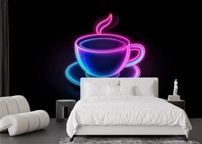 A glowing neon sign of a cup of coffee on a black background. Wall mural