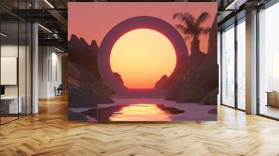 A large circular portal stands between two palm trees, surrounded by rocks, with the setting sun in the background. Wall mural