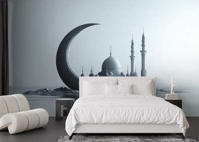 A white mosque with a crescent moon in front, sitting on a small island with water reflections, against a white background. Wall mural