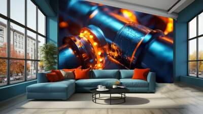 Close-up of illuminated metal pipes, showcasing a futuristic industrial design. Wall mural