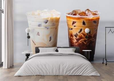 Iced americano coffee and coffee milk on grey background, coffee package for takeaway, Cold beverage product. generate AI Wall mural