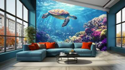 Sea Turtle Swimming Through Coral Reef Wall mural