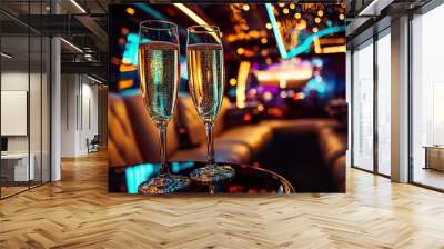 Two glasses of champagne on a table inside a party bus. Wall mural