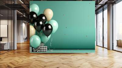 a background image that features birthday balloons, confetti, and ribbons on a pastel green background. Wall mural