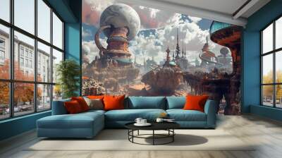 A fantasy city with tall spires and floating islands,  Wall mural