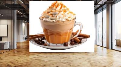 A pumpkin drink, served in a rustic cardboard cup, beautifully decorated with whipped cream and cinnamon isolated on transparent background. Wall mural