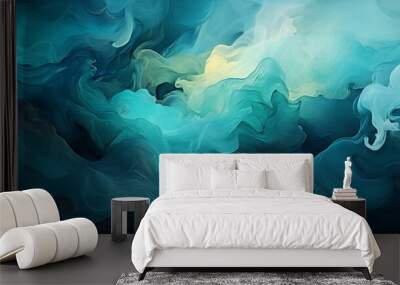 Abstract art teal blue green gradient paint background with liquid fluid. Wall mural