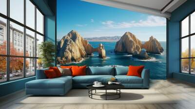 An aerial image of Lands End and the Arch at Cabo San Lucas, Baja California Sur, Mexico, at the point where the Pacific Ocean and the Gulf of California converge. Wall mural