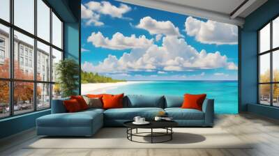 blue sky and sea Gorgeous white sand beach with peaceful, rolling waves of the turquoise ocean on a sunny day with white clouds in the blue sky in the backdrop. Island in the Maldives with a stunningl Wall mural