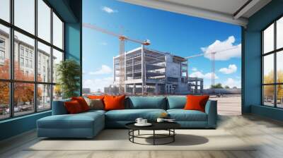 construction site for a large building with a clear blue sky background. Wall mural