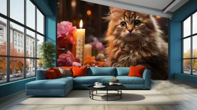 cute cat with birthday cake and colorful background. Wall mural