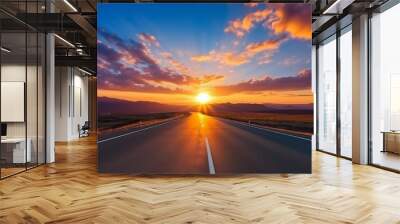 Empty asphalt road and beautiful sky at sunset, panoramic view. High quality photo Wall mural