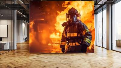 firefighter training., fireman using water and extinguisher to fighting with fire flame in an emergency situation., under danger situation all firemen wearing fire fighter suit for safety. Wall mural