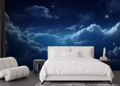 Fluffy volumetric clouds at night against a dark blue sky with stars background. Wall mural