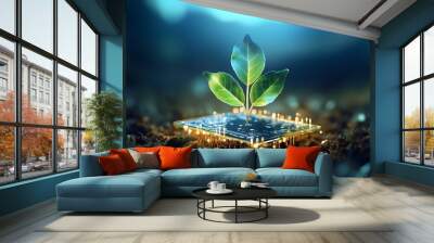 illustration of glowing plant growing on computer chip representing digital ecology business and blurred background. Wall mural