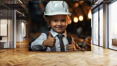 Little child engineer in white safety hardhat showing thumbs up. Wall mural