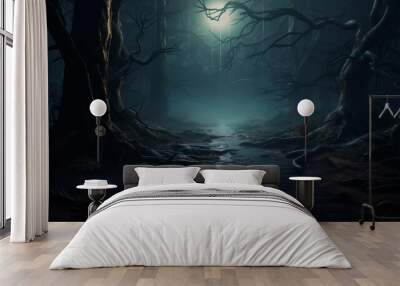 Mysterious forest with a moonlit path fog and a Halloween backdrop hint. Wall mural