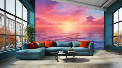 Photo of sunset over a calm ocean, with hues of orange, pink, and purple painting the sky. Wall mural