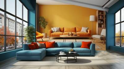 Simple room: 3D model of a modern timber living room with an orange armchair against a blank yellow wall Wall mural