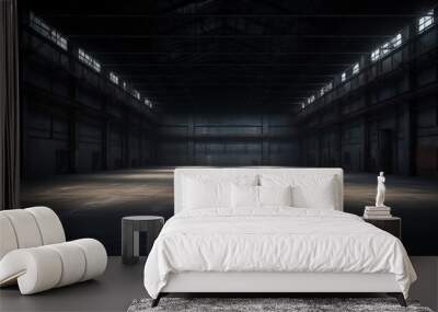 Three dimensional render of dark empty warehouse. Wall mural