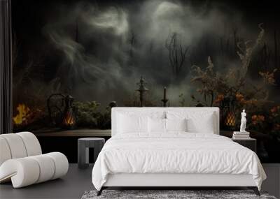 Wooden table with smoke on a dark background, Halloween concept. Wall mural