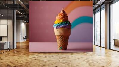 Mix colorful chocolate sweets spilled out of ice cream waffle cone on pink flat layer Wall mural