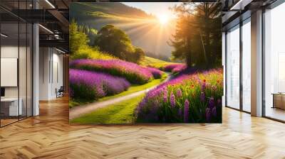 sunset in the field by AI generating Wall mural