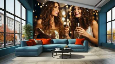 two beautiful friends with champagne celebrating a new year party, two woman celebrating a new year party, couple celebrating with champagne, champagne glasses, new year, party, bokeh, celebration Wall mural