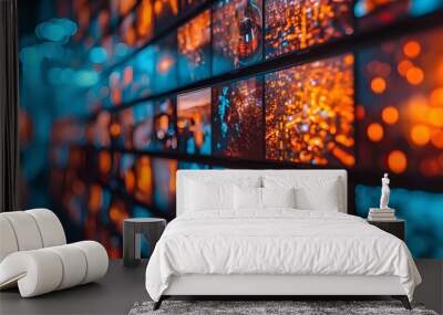 A multitude of vibrant screens in a curved display showing various news and media broadcasts in a monitoring room Wall mural